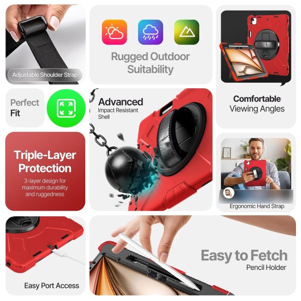TNP Protective Case for iPad Air 13 Inch M2 6th 2024 & iPad Pro 12.9" 6th/5th/4th/3rd Gen (2022 2021 2020 2018) - Shockproof Cover w/ Pencil Holder, Handle, Adjustable Stand & Shoulder Strap, Red - Image 7