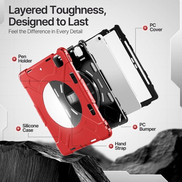 TNP Protective Case for iPad Air 13 Inch M2 6th 2024 & iPad Pro 12.9" 6th/5th/4th/3rd Gen (2022 2021 2020 2018) - Shockproof Cover w/ Pencil Holder, Handle, Adjustable Stand & Shoulder Strap, Red - Image 8