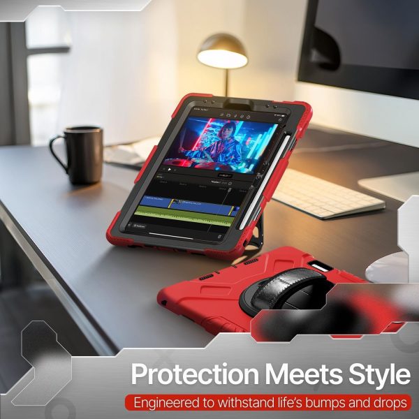 TNP Protective Case for iPad Air 13 Inch M2 6th 2024 & iPad Pro 12.9" 6th/5th/4th/3rd Gen (2022 2021 2020 2018) - Shockproof Cover w/ Pencil Holder, Handle, Adjustable Stand & Shoulder Strap, Red - Image 11