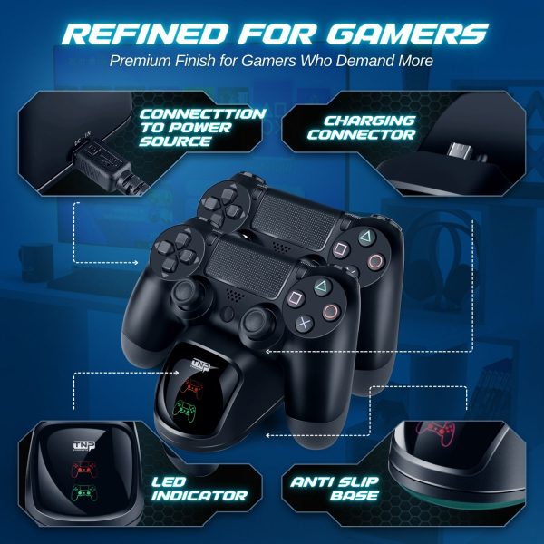TNP PS4 Controller Charging Station Dock Stand PS-4 Dualshock Control Gamepad USB Port Dual Charger Cradle Base with Cable & LED Indicator for Sony Pro Slim Wireless Gaming Game (Black) - Image 4