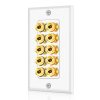 TNP Home Theater Wall Plate - Banana Plug Wall Plate, 5 Speaker Wire Wall Plate with Gold-Plated Terminals, Single Gang Audio Wall Plate, In-Wall Surround Sound Connection Plates, White