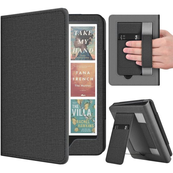 TNP Stand Case for Kindle Paperwhite 12th Generation 2024 / Kindle Colorsoft Signature Edition with Hand Strap & Card Slot - 7" PU Leather Protective Folio Cover with Auto Wake/Sleep, Black