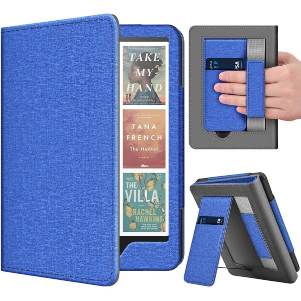 TNP Stand Case for Kindle Paperwhite 12th Generation 2024 / Kindle Colorsoft Signature Edition with Hand Strap & Card Slot - 7" PU Leather Protective Folio Cover with Auto Wake/Sleep, Blue