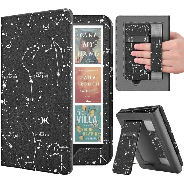 TNP Stand Case for Kindle Paperwhite 12th Generation 2024 / Kindle Colorsoft Signature Edition with Hand Strap & Card Slot - 7" PU Leather Protective Folio Cover with Auto Wake/Sleep, Constellation