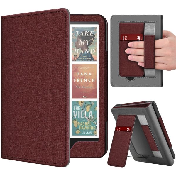 TNP Stand Case for Kindle Paperwhite 12th Generation 2024 / Kindle Colorsoft Signature Edition with Hand Strap & Card Slot - 7" PU Leather Protective Folio Cover with Auto Wake/Sleep, Dark Red