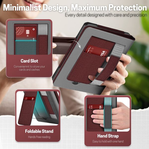 TNP Stand Case for Kindle Paperwhite 12th Generation 2024 / Kindle Colorsoft Signature Edition with Hand Strap & Card Slot - 7" PU Leather Protective Folio Cover with Auto Wake/Sleep, Dark Red - Image 3