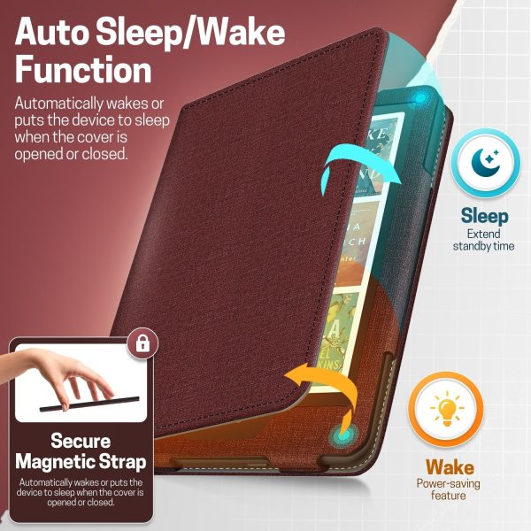 TNP Stand Case for Kindle Paperwhite 12th Generation 2024 / Kindle Colorsoft Signature Edition with Hand Strap & Card Slot - 7" PU Leather Protective Folio Cover with Auto Wake/Sleep, Dark Red - Image 4