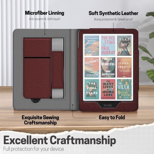TNP Stand Case for Kindle Paperwhite 12th Generation 2024 / Kindle Colorsoft Signature Edition with Hand Strap & Card Slot - 7" PU Leather Protective Folio Cover with Auto Wake/Sleep, Dark Red - Image 6