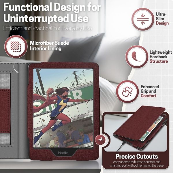 TNP Stand Case for Kindle Paperwhite 12th Generation 2024 / Kindle Colorsoft Signature Edition with Hand Strap & Card Slot - 7" PU Leather Protective Folio Cover with Auto Wake/Sleep, Dark Red - Image 8