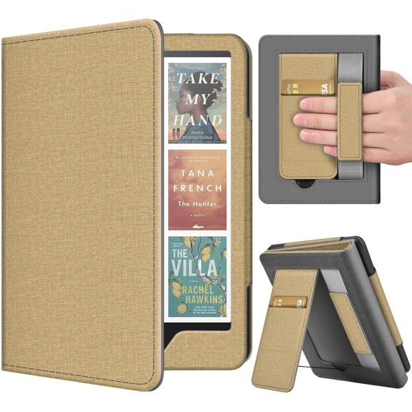 TNP Stand Case for Kindle Paperwhite 12th Generation 2024 / Kindle Colorsoft Signature Edition with Hand Strap & Card Slot - 7" PU Leather Protective Folio Cover with Auto Wake/Sleep, Gold