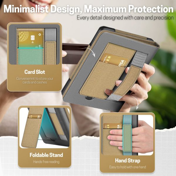 TNP Stand Case for Kindle Paperwhite 12th Generation 2024 / Kindle Colorsoft Signature Edition with Hand Strap & Card Slot - 7" PU Leather Protective Folio Cover with Auto Wake/Sleep, Gold - Image 3