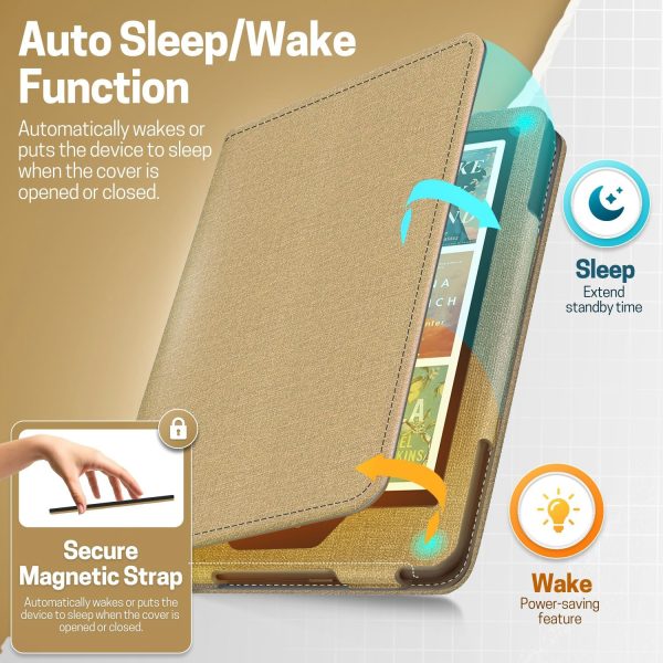 TNP Stand Case for Kindle Paperwhite 12th Generation 2024 / Kindle Colorsoft Signature Edition with Hand Strap & Card Slot - 7" PU Leather Protective Folio Cover with Auto Wake/Sleep, Gold - Image 4