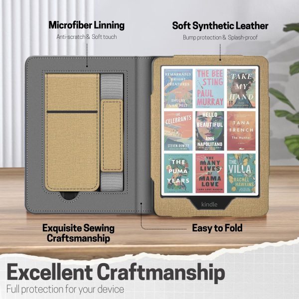 TNP Stand Case for Kindle Paperwhite 12th Generation 2024 / Kindle Colorsoft Signature Edition with Hand Strap & Card Slot - 7" PU Leather Protective Folio Cover with Auto Wake/Sleep, Gold - Image 6
