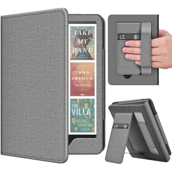 TNP Stand Case for Kindle Paperwhite 12th Generation 2024 / Kindle Colorsoft Signature Edition with Hand Strap & Card Slot - 7" PU Leather Protective Folio Cover with Auto Wake/Sleep, Gray