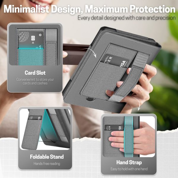 TNP Stand Case for Kindle Paperwhite 12th Generation 2024 / Kindle Colorsoft Signature Edition with Hand Strap & Card Slot - 7" PU Leather Protective Folio Cover with Auto Wake/Sleep, Gray - Image 3