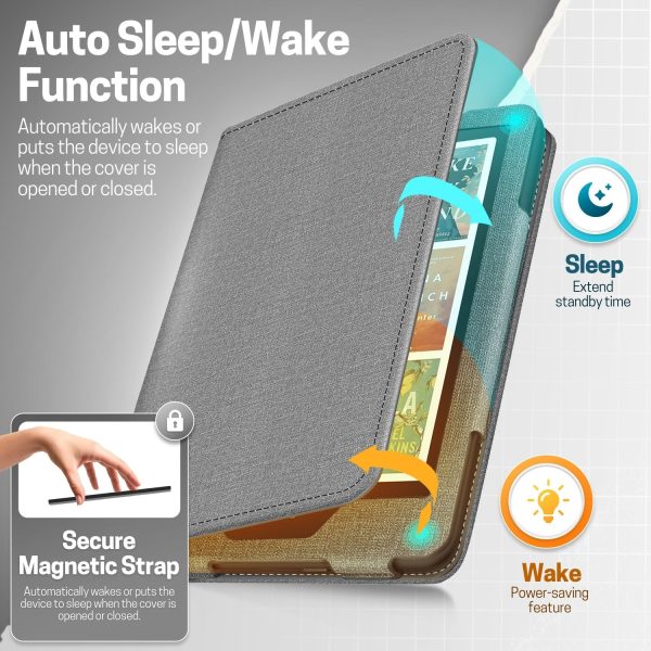 TNP Stand Case for Kindle Paperwhite 12th Generation 2024 / Kindle Colorsoft Signature Edition with Hand Strap & Card Slot - 7" PU Leather Protective Folio Cover with Auto Wake/Sleep, Gray - Image 4