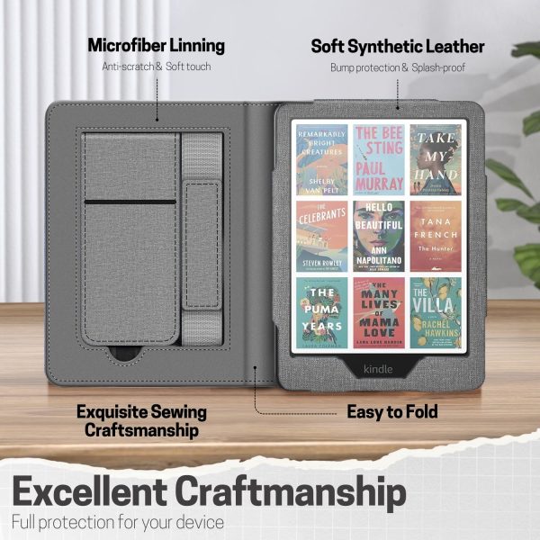 TNP Stand Case for Kindle Paperwhite 12th Generation 2024 / Kindle Colorsoft Signature Edition with Hand Strap & Card Slot - 7" PU Leather Protective Folio Cover with Auto Wake/Sleep, Gray - Image 6