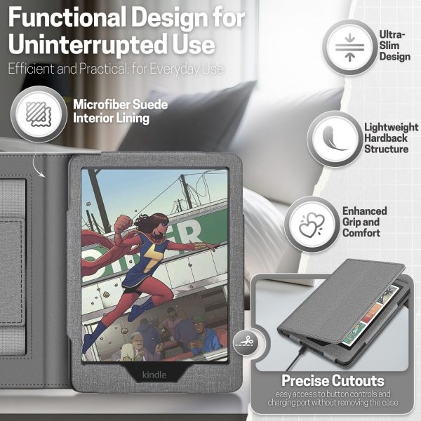 TNP Stand Case for Kindle Paperwhite 12th Generation 2024 / Kindle Colorsoft Signature Edition with Hand Strap & Card Slot - 7" PU Leather Protective Folio Cover with Auto Wake/Sleep, Gray - Image 8