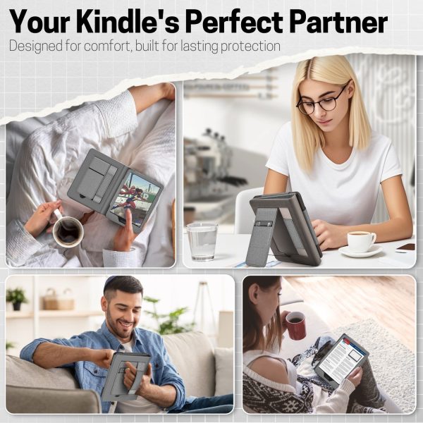 TNP Stand Case for Kindle Paperwhite 12th Generation 2024 / Kindle Colorsoft Signature Edition with Hand Strap & Card Slot - 7" PU Leather Protective Folio Cover with Auto Wake/Sleep, Gray - Image 9