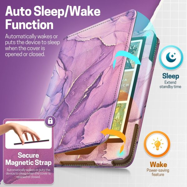 TNP Stand Case for Kindle Paperwhite 12th Generation 2024 / Kindle Colorsoft Signature Edition with Hand Strap & Card Slot - 7" PU Leather Protective Folio Cover with Auto Wake/Sleep, Marble Purple - Image 4