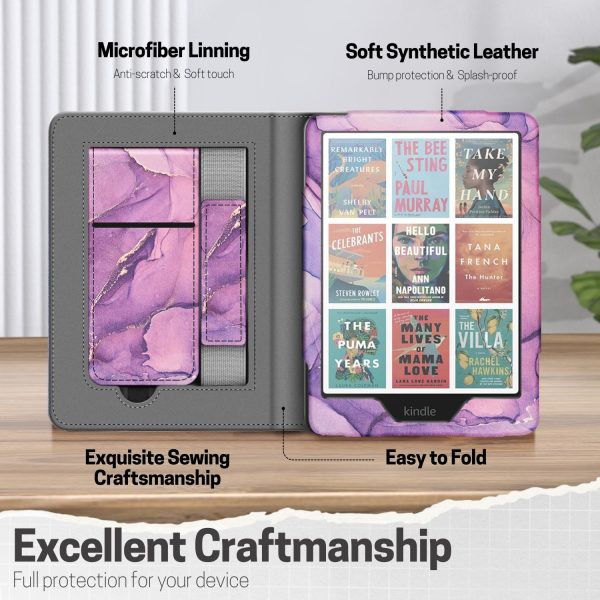 TNP Stand Case for Kindle Paperwhite 12th Generation 2024 / Kindle Colorsoft Signature Edition with Hand Strap & Card Slot - 7" PU Leather Protective Folio Cover with Auto Wake/Sleep, Marble Purple - Image 6