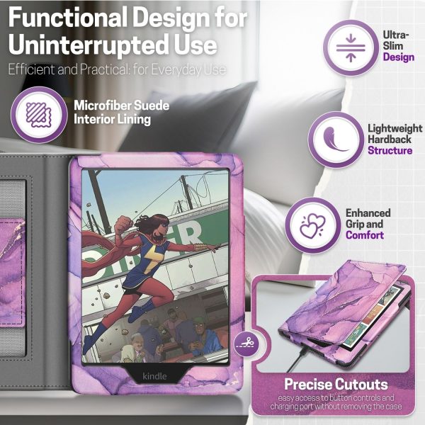 TNP Stand Case for Kindle Paperwhite 12th Generation 2024 / Kindle Colorsoft Signature Edition with Hand Strap & Card Slot - 7" PU Leather Protective Folio Cover with Auto Wake/Sleep, Marble Purple - Image 8
