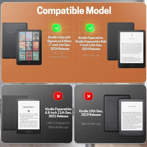 TNP Stand Case for Kindle Paperwhite 12th Generation 2024 / Kindle Colorsoft Signature Edition with Hand Strap & Card Slot - 7" PU Leather Protective Folio Cover with Auto Wake/Sleep, Orange - Image 2