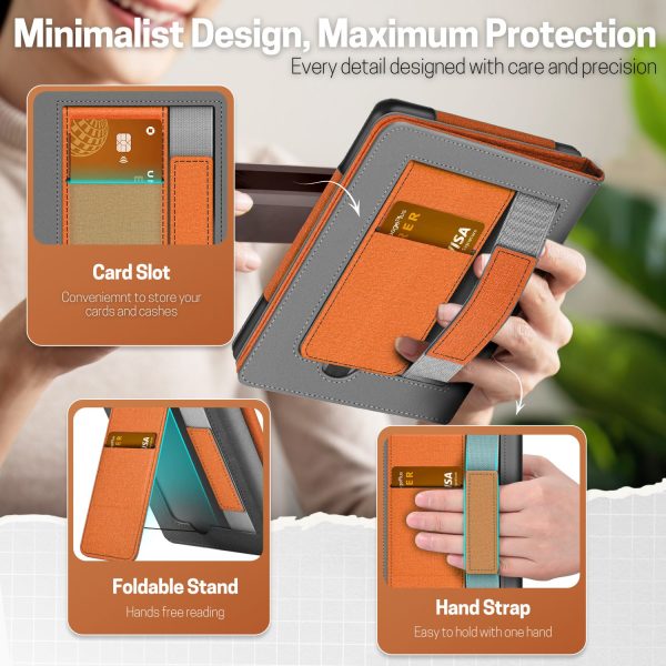 TNP Stand Case for Kindle Paperwhite 12th Generation 2024 / Kindle Colorsoft Signature Edition with Hand Strap & Card Slot - 7" PU Leather Protective Folio Cover with Auto Wake/Sleep, Orange - Image 3