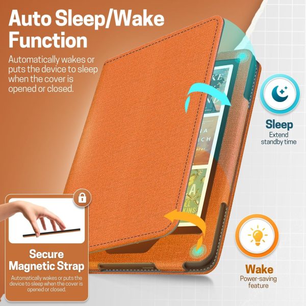 TNP Stand Case for Kindle Paperwhite 12th Generation 2024 / Kindle Colorsoft Signature Edition with Hand Strap & Card Slot - 7" PU Leather Protective Folio Cover with Auto Wake/Sleep, Orange - Image 4