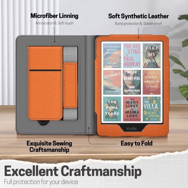 TNP Stand Case for Kindle Paperwhite 12th Generation 2024 / Kindle Colorsoft Signature Edition with Hand Strap & Card Slot - 7" PU Leather Protective Folio Cover with Auto Wake/Sleep, Orange - Image 6