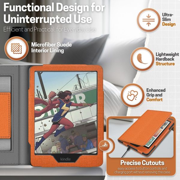 TNP Stand Case for Kindle Paperwhite 12th Generation 2024 / Kindle Colorsoft Signature Edition with Hand Strap & Card Slot - 7" PU Leather Protective Folio Cover with Auto Wake/Sleep, Orange - Image 8