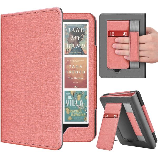 TNP Stand Case for Kindle Paperwhite 12th Generation 2024 / Kindle Colorsoft Signature Edition with Hand Strap & Card Slot - 7" PU Leather Protective Folio Cover with Auto Wake/Sleep, Pink