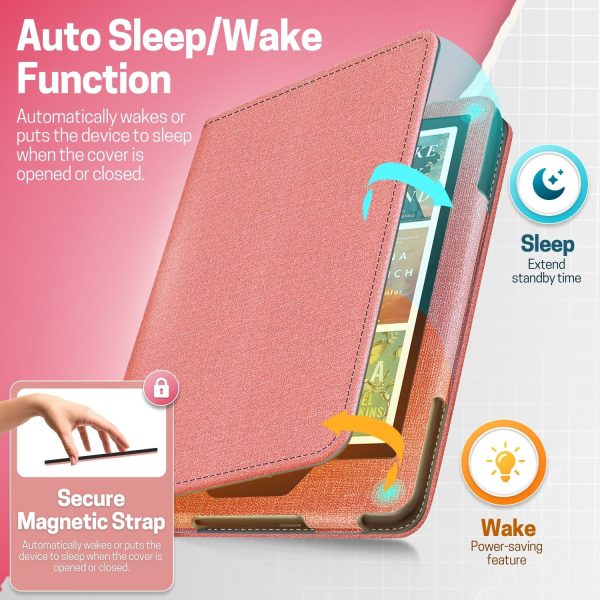 TNP Stand Case for Kindle Paperwhite 12th Generation 2024 / Kindle Colorsoft Signature Edition with Hand Strap & Card Slot - 7" PU Leather Protective Folio Cover with Auto Wake/Sleep, Pink - Image 4