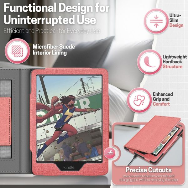 TNP Stand Case for Kindle Paperwhite 12th Generation 2024 / Kindle Colorsoft Signature Edition with Hand Strap & Card Slot - 7" PU Leather Protective Folio Cover with Auto Wake/Sleep, Pink - Image 8