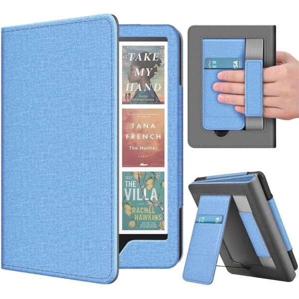 TNP Stand Case for Kindle Paperwhite 12th Generation 2024 / Kindle Colorsoft Signature Edition with Hand Strap & Card Slot - 7" PU Leather Protective Folio Cover with Auto Wake/Sleep, Light Blue