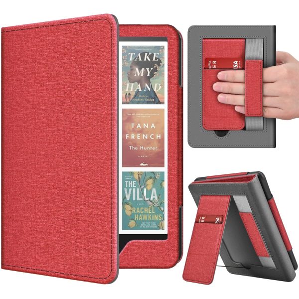 TNP Stand Case for Kindle Paperwhite 12th Generation 2024 / Kindle Colorsoft Signature Edition with Hand Strap & Card Slot - 7" PU Leather Protective Folio Cover with Auto Wake/Sleep, Red