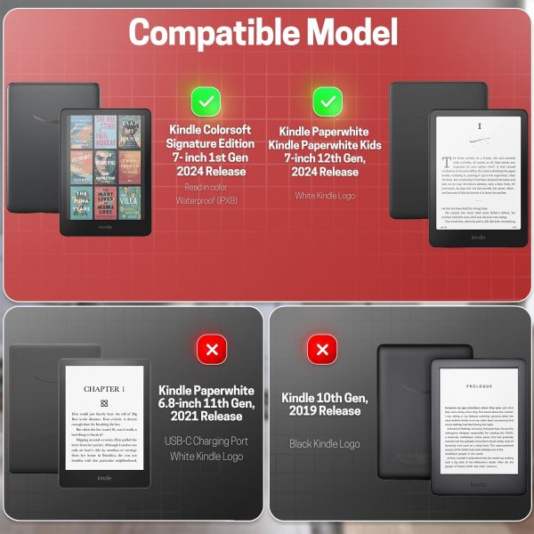 TNP Stand Case for Kindle Paperwhite 12th Generation 2024 / Kindle Colorsoft Signature Edition with Hand Strap & Card Slot - 7" PU Leather Protective Folio Cover with Auto Wake/Sleep, Red - Image 2