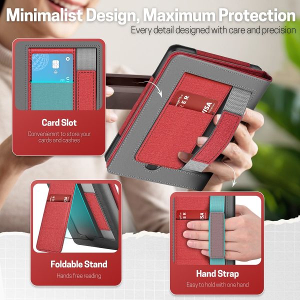 TNP Stand Case for Kindle Paperwhite 12th Generation 2024 / Kindle Colorsoft Signature Edition with Hand Strap & Card Slot - 7" PU Leather Protective Folio Cover with Auto Wake/Sleep, Red - Image 3