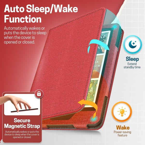 TNP Stand Case for Kindle Paperwhite 12th Generation 2024 / Kindle Colorsoft Signature Edition with Hand Strap & Card Slot - 7" PU Leather Protective Folio Cover with Auto Wake/Sleep, Red - Image 4