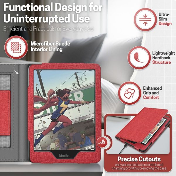 TNP Stand Case for Kindle Paperwhite 12th Generation 2024 / Kindle Colorsoft Signature Edition with Hand Strap & Card Slot - 7" PU Leather Protective Folio Cover with Auto Wake/Sleep, Red - Image 8