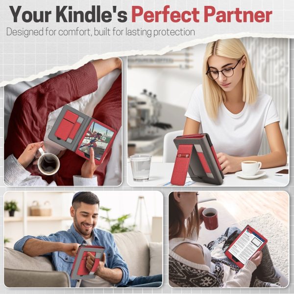 TNP Stand Case for Kindle Paperwhite 12th Generation 2024 / Kindle Colorsoft Signature Edition with Hand Strap & Card Slot - 7" PU Leather Protective Folio Cover with Auto Wake/Sleep, Red - Image 9