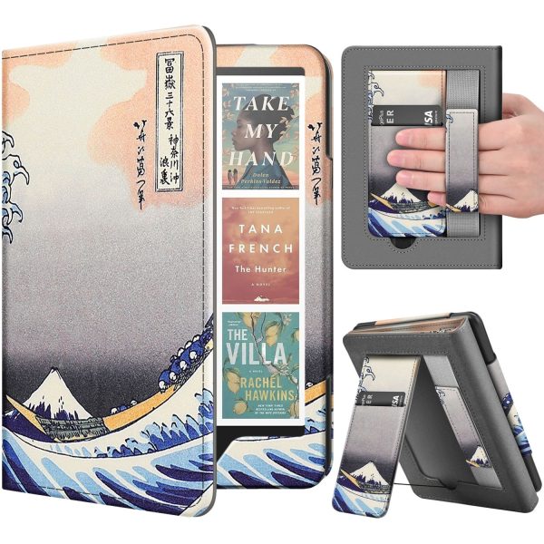 TNP Stand Case for Kindle Paperwhite 12th Generation 2024 / Kindle Colorsoft Signature Edition with Hand Strap & Card Slot - 7" PU Leather Protective Folio Cover with Auto Wake/Sleep, Great Wave