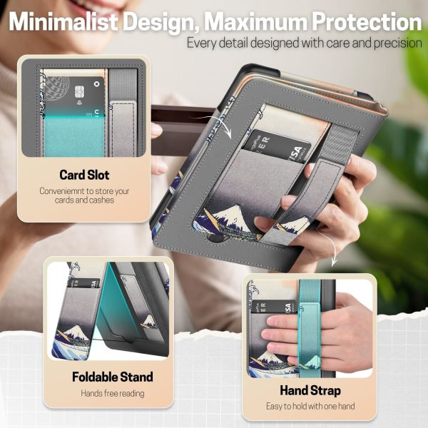 TNP Stand Case for Kindle Paperwhite 12th Generation 2024 / Kindle Colorsoft Signature Edition with Hand Strap & Card Slot - 7" PU Leather Protective Folio Cover with Auto Wake/Sleep, Great Wave - Image 3