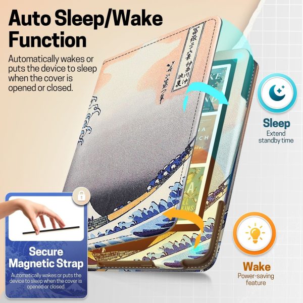 TNP Stand Case for Kindle Paperwhite 12th Generation 2024 / Kindle Colorsoft Signature Edition with Hand Strap & Card Slot - 7" PU Leather Protective Folio Cover with Auto Wake/Sleep, Great Wave - Image 4