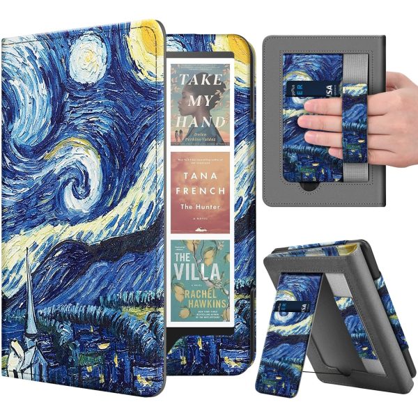 TNP Stand Case for Kindle Paperwhite 12th Generation 2024 / Kindle Colorsoft Signature Edition with Hand Strap & Card Slot - 7" PU Leather Protective Folio Cover with Auto Wake/Sleep, Starry Night
