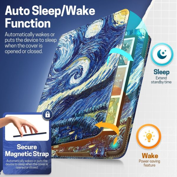 TNP Stand Case for Kindle Paperwhite 12th Generation 2024 / Kindle Colorsoft Signature Edition with Hand Strap & Card Slot - 7" PU Leather Protective Folio Cover with Auto Wake/Sleep, Starry Night - Image 4