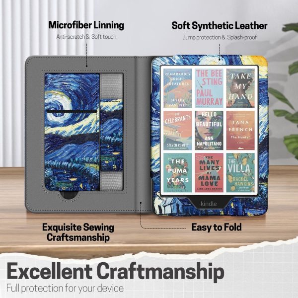 TNP Stand Case for Kindle Paperwhite 12th Generation 2024 / Kindle Colorsoft Signature Edition with Hand Strap & Card Slot - 7" PU Leather Protective Folio Cover with Auto Wake/Sleep, Starry Night - Image 6