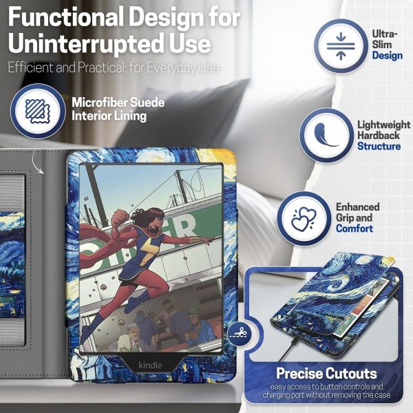 TNP Stand Case for Kindle Paperwhite 12th Generation 2024 / Kindle Colorsoft Signature Edition with Hand Strap & Card Slot - 7" PU Leather Protective Folio Cover with Auto Wake/Sleep, Starry Night - Image 8