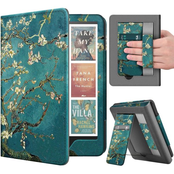 TNP Stand Case for Kindle Paperwhite 12th Generation 2024 / Kindle Colorsoft Signature Edition with Hand Strap & Card Slot - 7" PU Leather Protective Folio Cover with Auto Wake/Sleep, Almond Blossom