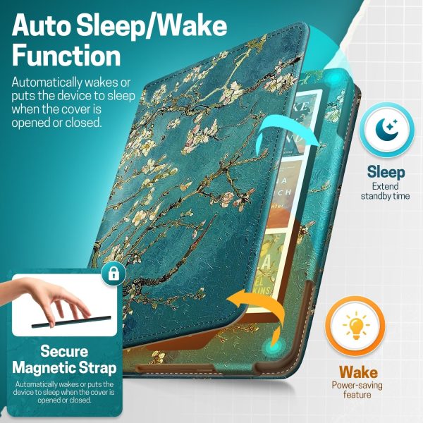 TNP Stand Case for Kindle Paperwhite 12th Generation 2024 / Kindle Colorsoft Signature Edition with Hand Strap & Card Slot - 7" PU Leather Protective Folio Cover with Auto Wake/Sleep, Almond Blossom - Image 4